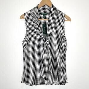 Lauren Ralph Lauren Houndstooth Silk Sleeveless Tie Front Top Womens 6 Black
